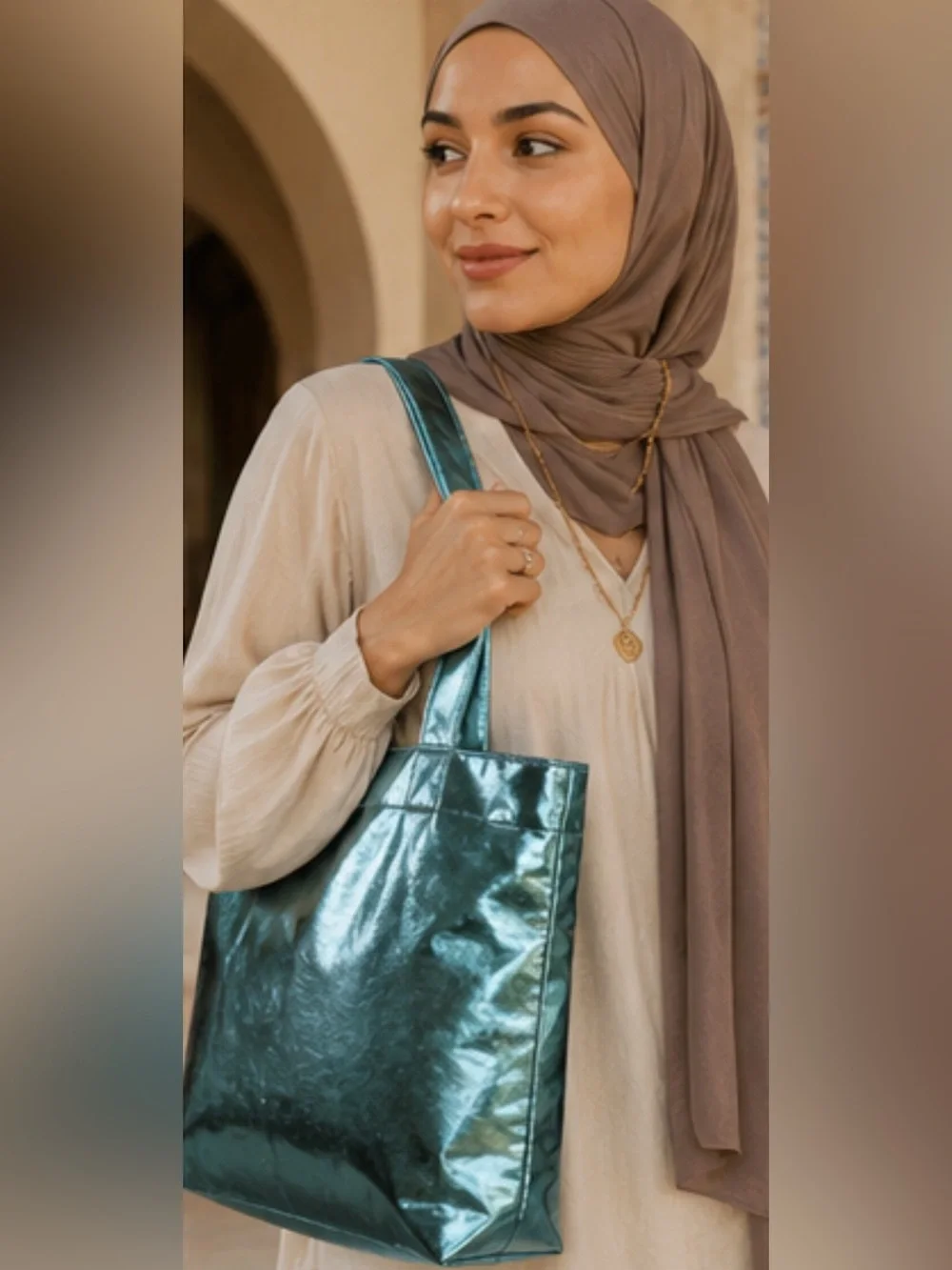 Metallic Teal Tote Bag - Women's Shiny Shoulder Bag